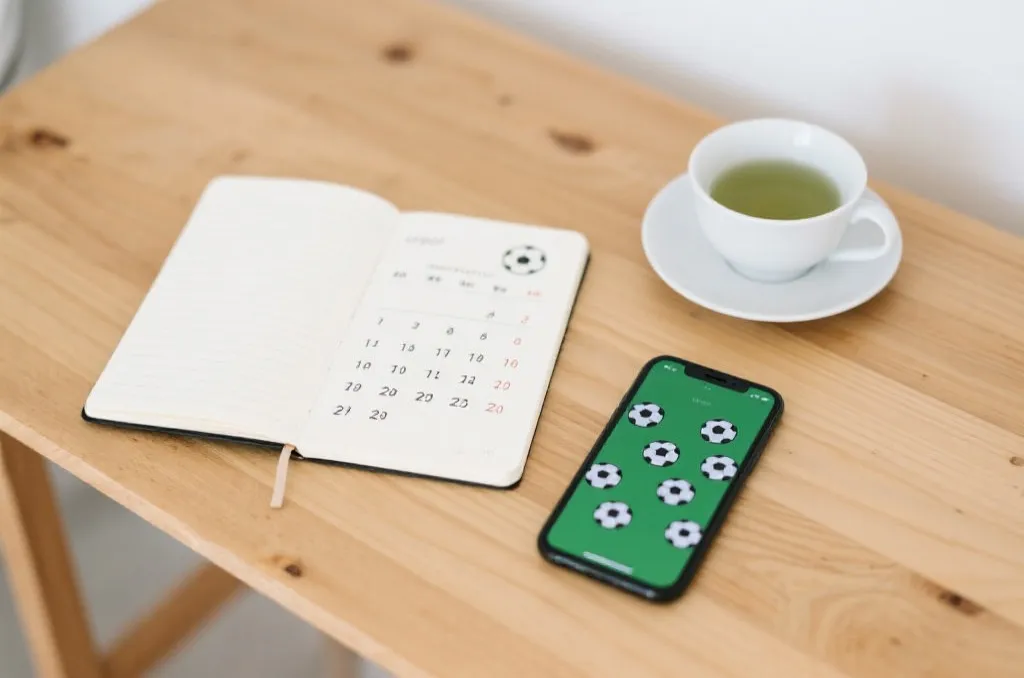 An open notebook with a hand-drawn calendar, a smartphone displaying a calendar app with soccer ball icons, next to a cup of green tea on a wooden desk, clean and modern style